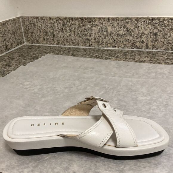 Celine Paris Low Wedge Slide Sandal With Crisscross Straps in White Leather. - Picture 2 of 11